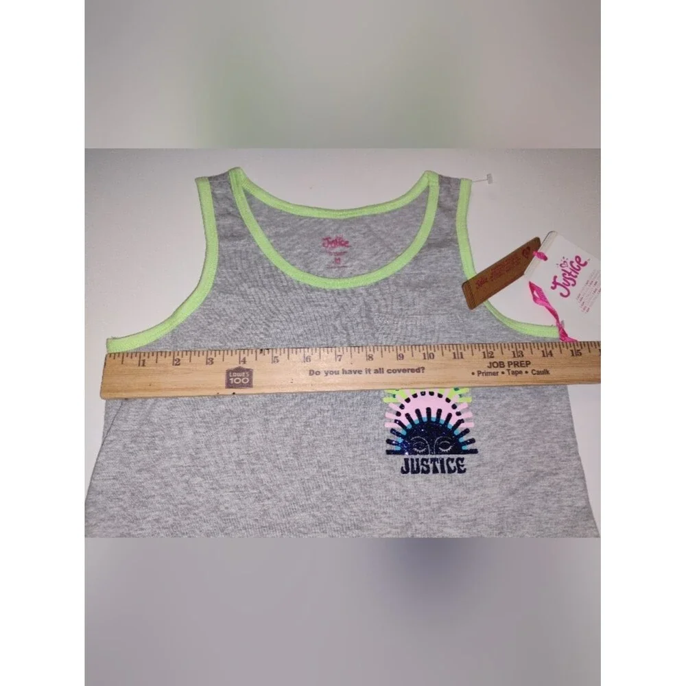 Justice Girls Grey Tank with Neon Lime Trim and Rainbow Logo New Size M 10